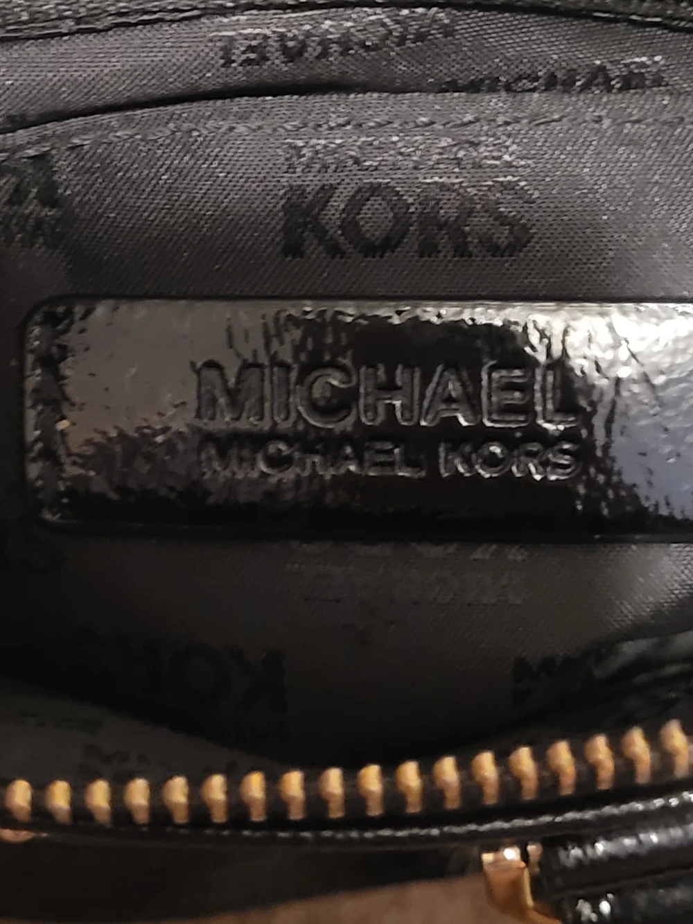 Michael Kors Black Patent MK Monogram Satchel Shoulder Bag Gold Hardware